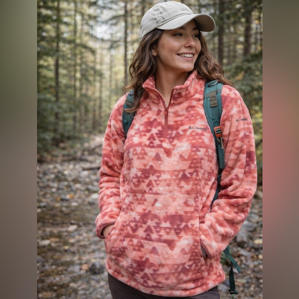 Columbia Pink Patterned Fleece Quarter Zip Pullover Women’s Medium